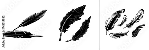 A luxury vintage pen from quills is depicted with gold feathers and bird wings plumage, amidst soft fluffy golden feathers flying in air isolated on transparent background, in a modern realistic