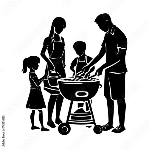 A modern illustration featuring a happy family preparing a barbecue grill at a picnic is done in a flat style with a light blue color theme