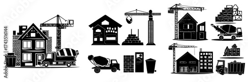 A building site with a house, stone blocks, crane, cement mixer, food truck, and trash bins is depicted in a modern cartoon illustration, set against a white background, representative of the