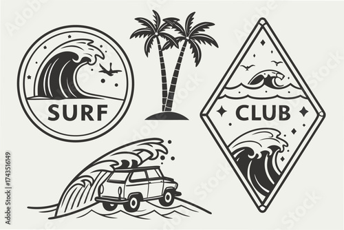 Collection of retro surf club emblem designs featuring ocean waves and nautical elements