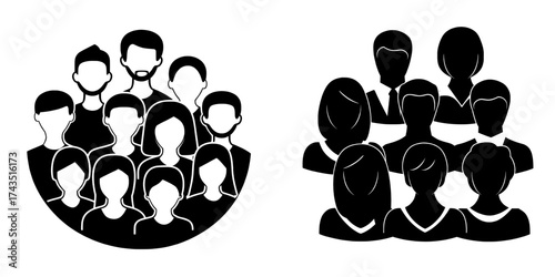 The silhouette of various individuals, including both men and women, is shown as flat, faceless characters on a white background