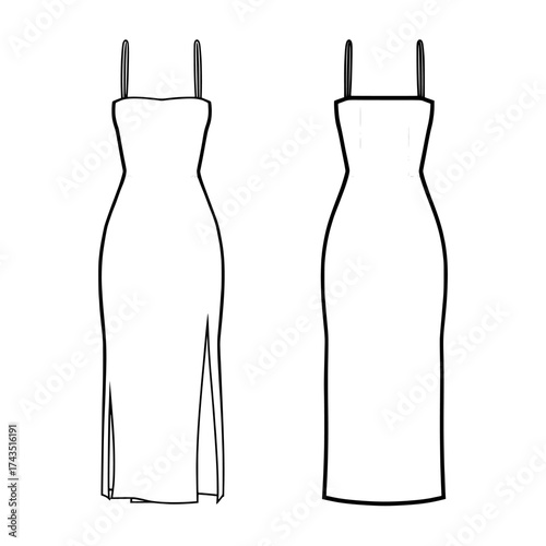 A Halter Dress is depicted in a technical fashion illustration, alongside a Strap maxi Dress fashion template featuring a front slit and side zip-up, shown in white from both front and back views, as