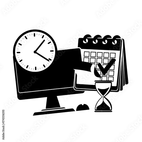 The idea of a work deadline is illustrated through a 3D depiction of a desktop computer, a clock, a calendar date marked with a red checkmark, an hourglass, and note papers set against a white
