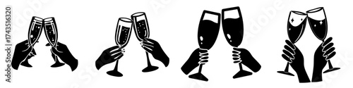 A modern flat-style illustration depicts female hands clutching glasses of champagne, set against a plain white backdrop