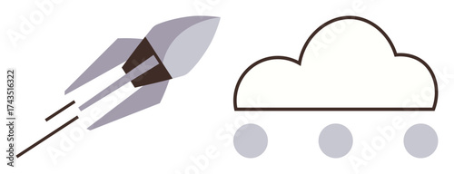 Rocket in motion near a cloud outline with wheels. Ideal for innovation, technology, growth, cloud computing, progress, teamwork, and startup aspirations. A simple flat metaphor