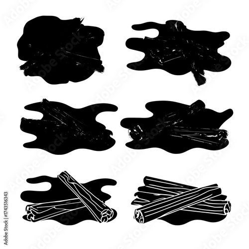 Aromatic cinnamon bark powder and strips are suspended in the air, depicted in a realistic modern illustration set against a black background, showcasing the brown condiment in dust and stick form as