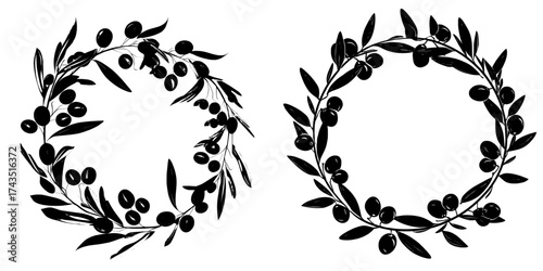 A round wreath made of olive branches, complete with green leaves and black fruits, is depicted in a realistic and modern illustration, isolated on a transparent background, suitable for packaging