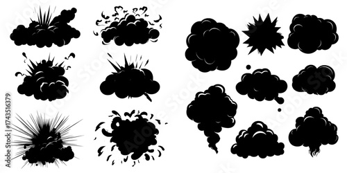 Black clouds of burst, steam, and vapour are set against a backdrop of comic smoke clouds, dust, and speed motion, which can be caused by an explosion or air puff, in a modern cartoon setting