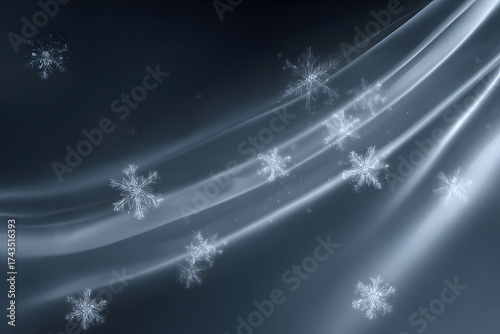 Beautiful shimmering snowflakes dance through ethereal light streaks, evoking winter magic