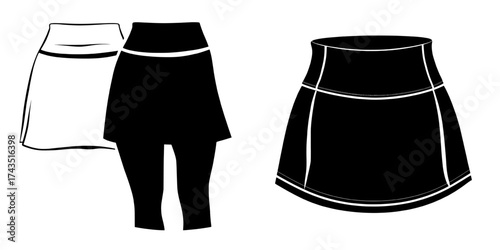 A women's CAD mockup is presented through a technical fashion illustration of a blue Women's Mini Skirt and Short Leggings, accompanied by a Tennis Skirt fashion flat technical drawing template in