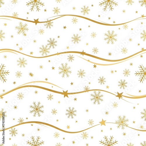 Elegant Golden Winter Wonderland Seamless Pattern with Sparkling Snowflakes and Wavy Ornaments on a Crisp White Background for Festive Holiday Designs