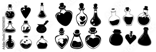 A set of cartoon magic potion bottles is depicted against a black backdrop, showcasing modern illustrations of uniquely shaped glass jars filled with vibrant substances, including witch poison, love