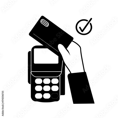 A hand grasping a bank card is depicted in 3D near a payment terminal with a blue checkmark icon on a white background, symbolizing contactless and cashless payment technology