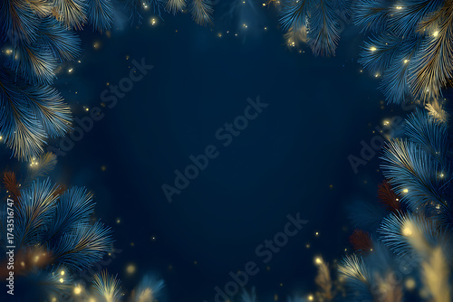 Elegant frosty branches with glowing bokeh lights on a deep blue background