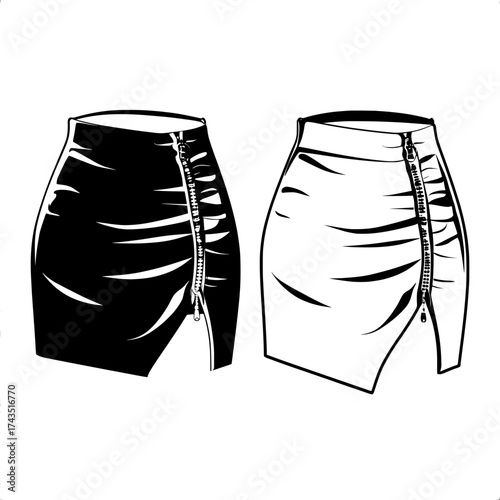 A women's CAD mockup illustrating a pleated mini skirt with an asymmetric cut, zip-up fastening, and both front and back views, all presented on a white background as a fashion flat drawing template