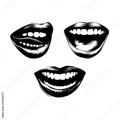 A set of cute, open mouths with different emotions is illustrated in 3D, featuring lips, teeth, and a red tongue, all isolated on a vibrant purple background