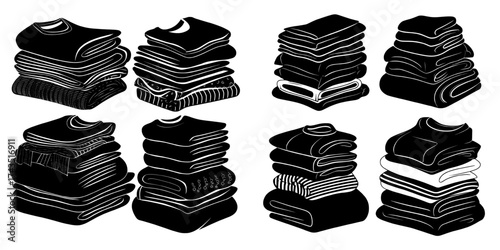 Folded and ironed clothes, including dresses, shirts, sweaters, and pants, are stacked neatly after laundry