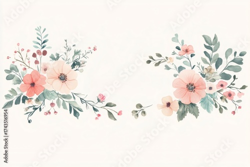 Delicate pastel flowers and green leaves creating a soft botanical frame, perfect for wedding invitations and greeting cards