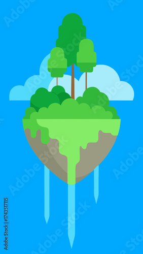 Surreal floating island with lush green trees and clouds vector illustration vector