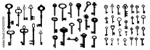 Silhouettes of antique keys are featured alongside medieval and modern keys in black vintage shapes, symbolizing open doors, privacy, and escape with abstract and tidy modern elements