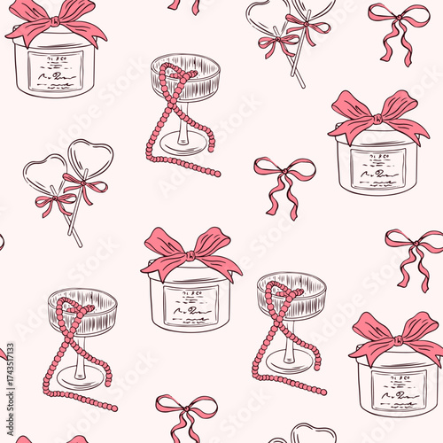 Hand drawn whimsical coquette seamless pattern. Vintage background with bow, cherry, gifts, and cocktail for wedding invitation, valentine day. La dolce vita. Vector romantic wallpaper, wrapping paper