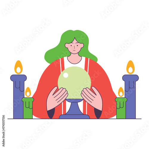 Fortune Teller Illustration with Crystal Ball and Candles on White Background