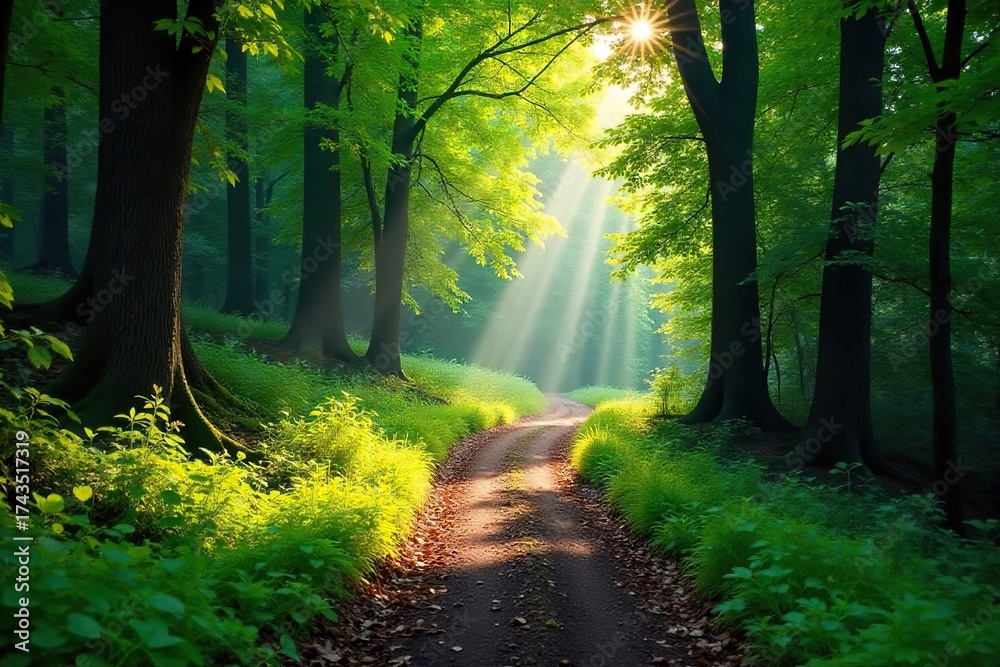 Obraz premium Sun-Dappled Forest Path A Winding Trail Invites Adventure and Exploration. Discover serenity and escape amidst lush greenery, perfect for relaxation and vibrant nature photography.