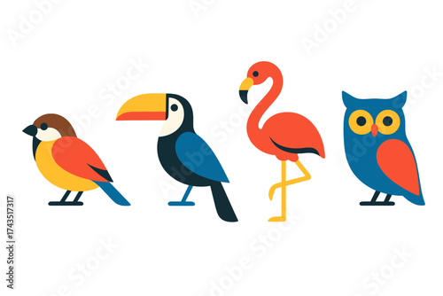Colorful set of stylized birds including a toucan, flamingo, owl, and small songbird