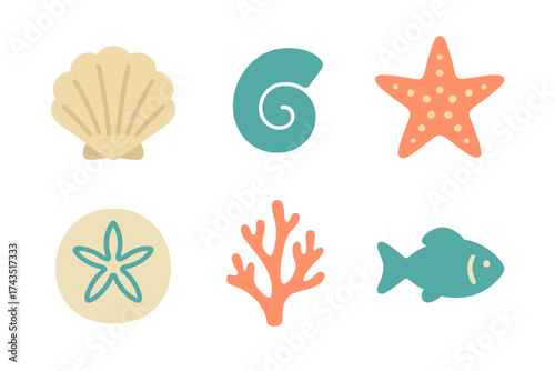 Six colorful stylized marine life elements including seashell, starfish, sand dollar, coral, and fish
