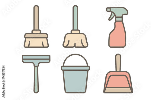 Essential household cleaning tools and equipment icons set in flat design
