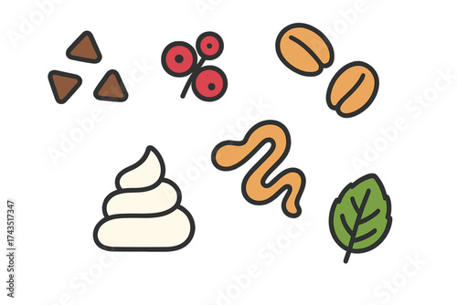 Colorful collection of dessert toppings and flavor ingredients including whipped cream, berries, and chocolate