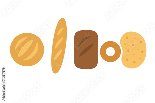 Assortment of baked goods including loaves, a baguette, and a ring shape for bakery concepts