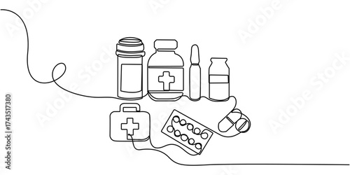 One continuous line drawing of medicine set with pills, Pharmaceutical components and capsules in a blister pack with drug symbols in a simple linear style, Editable stroke, Pharmaceutical concept 