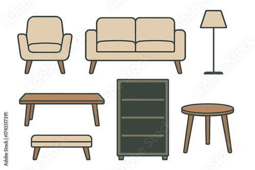 Contemporary living room furniture set including sofa, armchair, tables, cabinet, and floor lamp