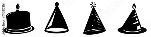 The terms birthday, bday, cap, hat, party, event, celebration, doodle, and flat are all related