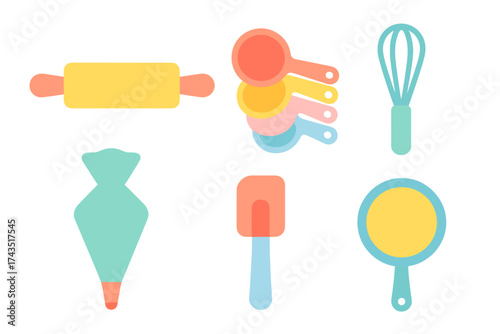 Colorful kitchen utensils and baking equipment set on a white background