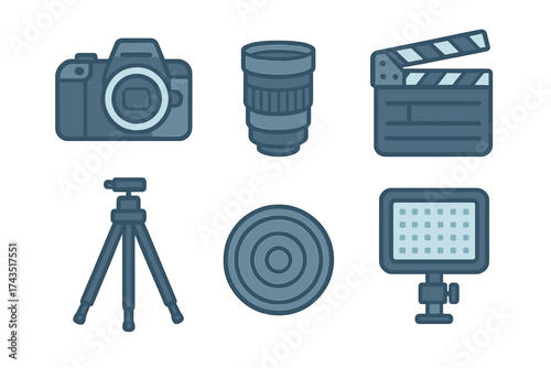 Set of essential equipment icons for photography and filmmaking including camera, lens, and tripod