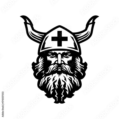 Εκτύπωση καμβά Monochromatic illustration of a stoic bearded warrior in a horned helmet with a