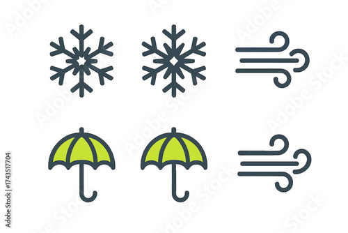 Simple weather forecast icons collection featuring snowflake, wind, and umbrella symbols