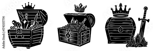A cartoon modern illustration features isolated game assets, including a pirate's treasure of gold, a chest, a wooden barrel with a crown and coins, and filibusters' loot consisting of crystal gems,