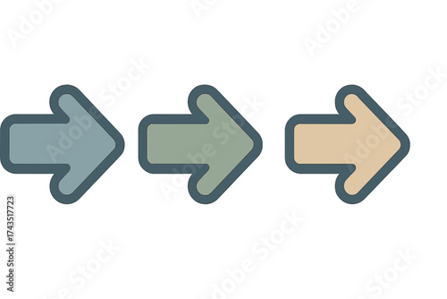 Three stylized arrows pointing right in a sequence of muted colors indicating direction or flow