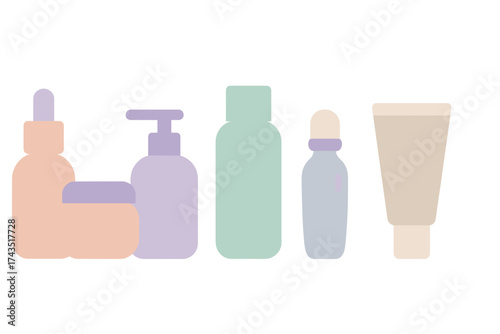 Minimalist set of cosmetic bottles and containers in soft pastel colors for beauty products