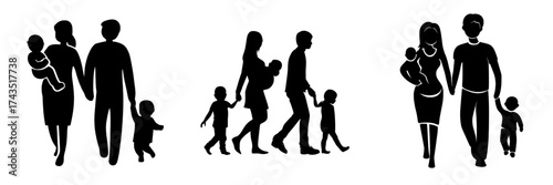 Illustrations of happy family relationships and child development stages, including mother and father parenting, are depicted in a modern line art style