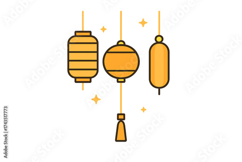 Set of three different traditional Asian festival lanterns hanging vertically with decorative golden sparkles