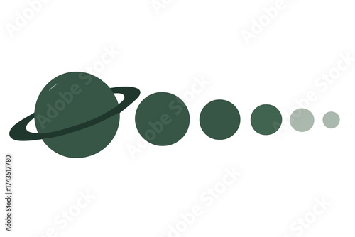 Stylized sequence of planets and celestial bodies in a monochromatic green scheme