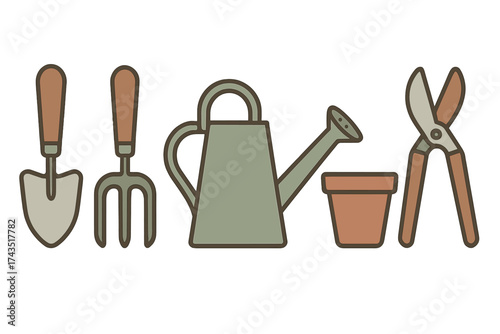 Essential set of gardening tools including a trowel, hand fork, watering can, pot, and shears