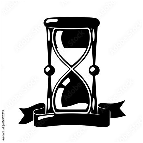 The image depicts a sand hourglass, a vintage clock, and a timer with transparent glass containing gold particles, representing a banner of running time and a loading concept, including a sandclock