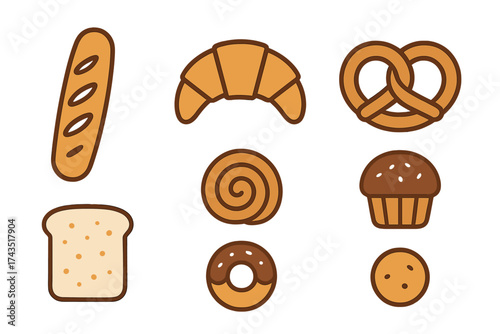 Popular bakery items including bread, croissant, pretzel, donut, and muffin