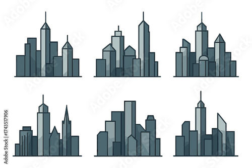 Six modern abstract city skyline icons and urban landscape silhouettes set
