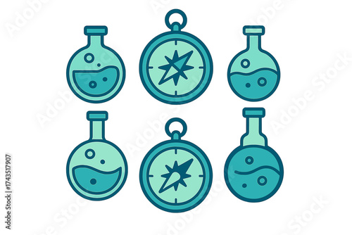 Set of stylized round bottom flasks and pocket compass symbols representing science and discovery